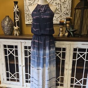 Blue and White Sleeveless Halter Maxi Dress